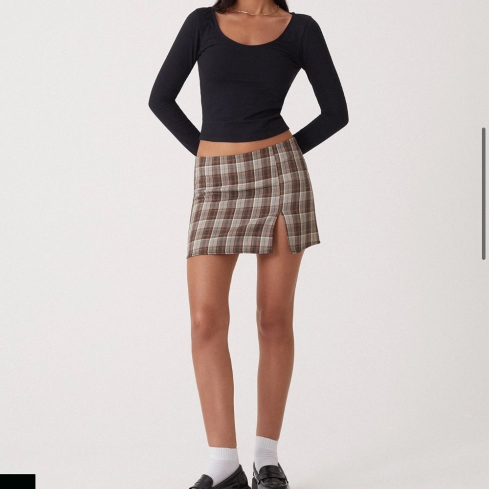 MOTEL X OLIVIA NEILL PELMA MINI SKIRT IN CHECK TAN BROWN